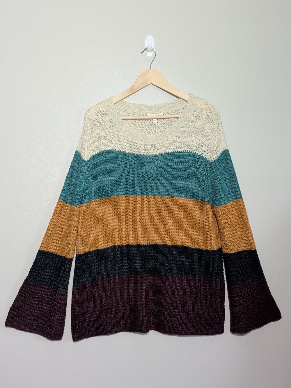 Umgee Striped Open Knit Pullover Sweater Cream Teal Mustard Burgundy XL Boho NWT